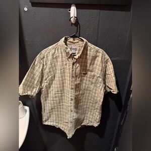 Men’s Carhartt Cream Green Striped Short Sleeve Button Up Shirt Size XL
